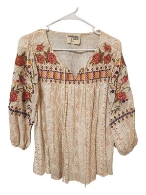 Savanna Jane Cream Boho Floral Embroidered Peasant Blouse